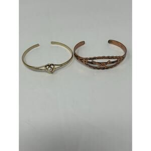 Lot 2 Vintage Child Baby Bracelets Copper Road Runner Heart Faux Pearl Gold Tone
